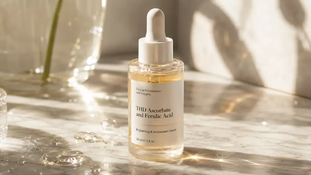 Lipid-Soluble Radiance: Why THD Ascorbate and Ferulic Acid Is the Ultimate Antioxidant Protocol for Sensitive Skin 2 A luxurious frosted glass bottle of a golden antioxidant serum containing THD Ascorbate and Ferulic Acid sits on sunlit marble.
