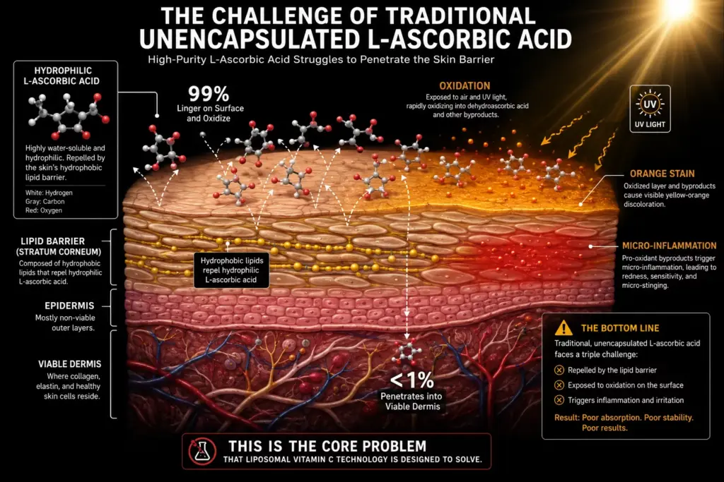 The Penetration Matrix: How Liposomal Vitamin C Skin Science Rewrites Epidermal Delivery 2 A diagram showing unencapsulated liposomal vitamin C skin science failing to penetrate the skin barrier and oxidizing on the stratum corneum surface, causing irritation.